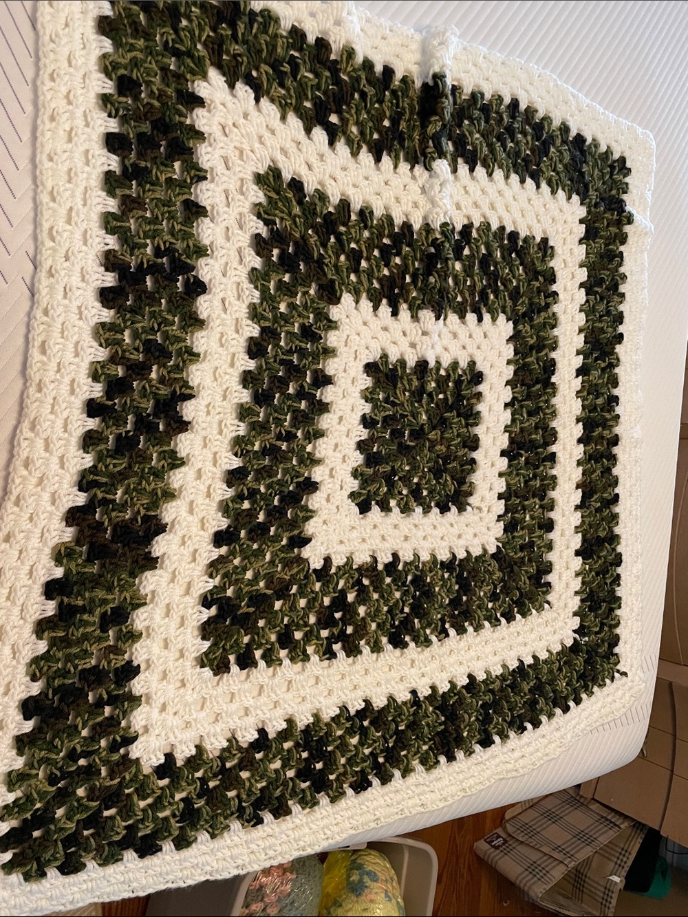 38” Handmade Crochet granny square White and Green Square Throw Blanket